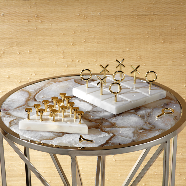 Marble Tic Tac Toe Game for Living Room Decor Centerpiece White and Gold XO with White Marble and Gold Color Stainless Steel Decorative Table Top X/