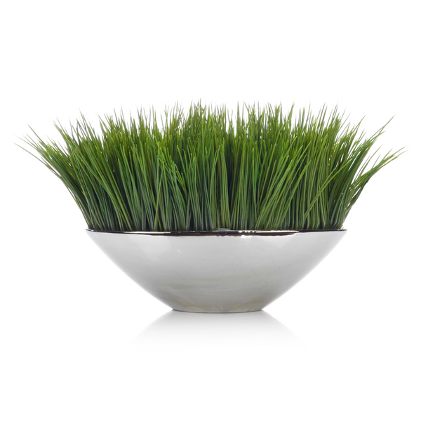 Faux Grass In Silver Pot