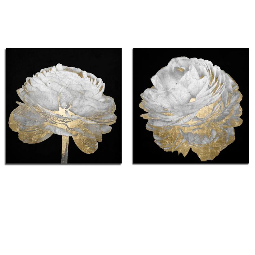 Gold And White Blossom On Black - Set Of 2 | Zgallerie Gold And White Blossom On Black - Set Of 2 | Zgallerie